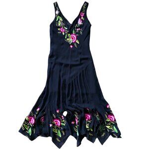 Caché 1990's Hand-Embroidered Floral Embroidered Silk Dress